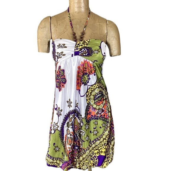 Ruby Rox Halter Dress Sz S Satin Floral Paisley Wood Bead Accent 264C - Picture 3 of 8
